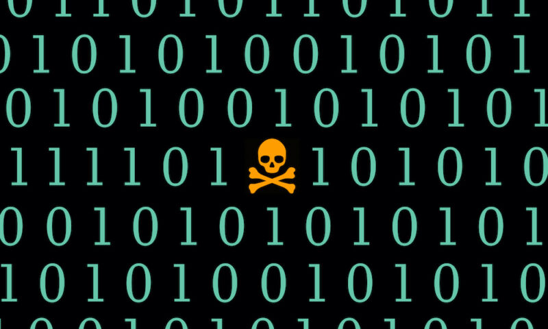 Global attack ransomware Skull with Binary Code Screen Background.